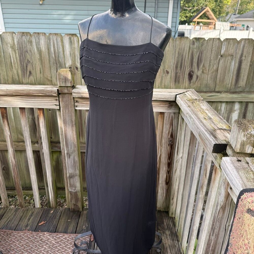 Phoebe Black Beaded Tiered Bodice Spaghetti Strap Maxi Evening Dress Size 12
